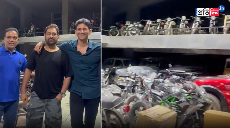Former cricketer Venkatesh Prasad surprised by MS Dhoni’s bikes collection at his home in Ranchi। Sangbad Pratidin