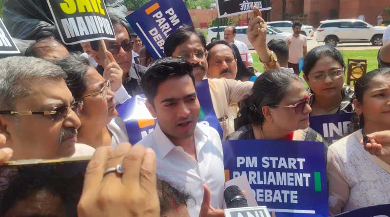INDIA seek PM statement on Manipur, Abhishek Banerjee among TMC MPs in dharna | Sangbad Pratidin