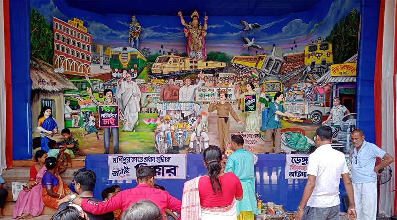 INTTUC depicts Manipur issue, ttrain accident in Biswakarma Puja theme