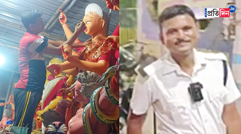 Kolkata Durga Puja 2023: Kolkata Tarffic cop makes Durga idol, amazes people। Sangbad Pratidin