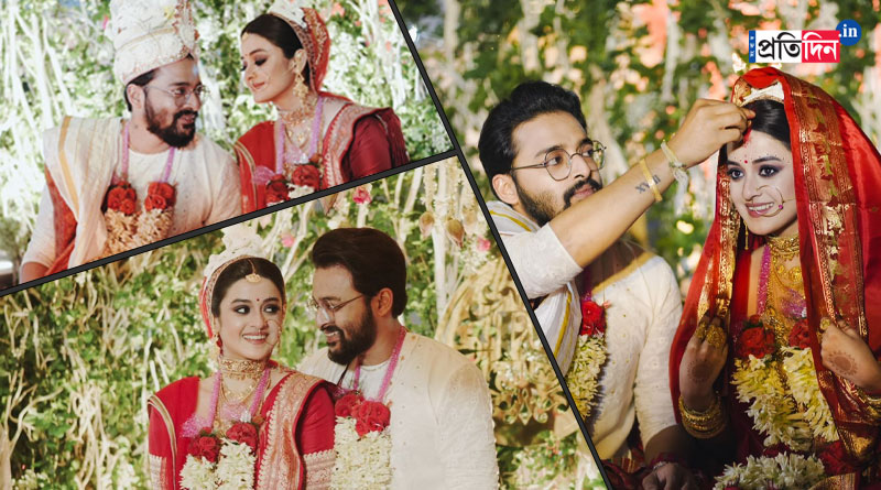 লাল টুকটুকে বেনারসিতে সৌরভের কনে দর্শনা, দেখে নিন জুটির রোম্যান্টিক বিয়ের অ্যালবাম