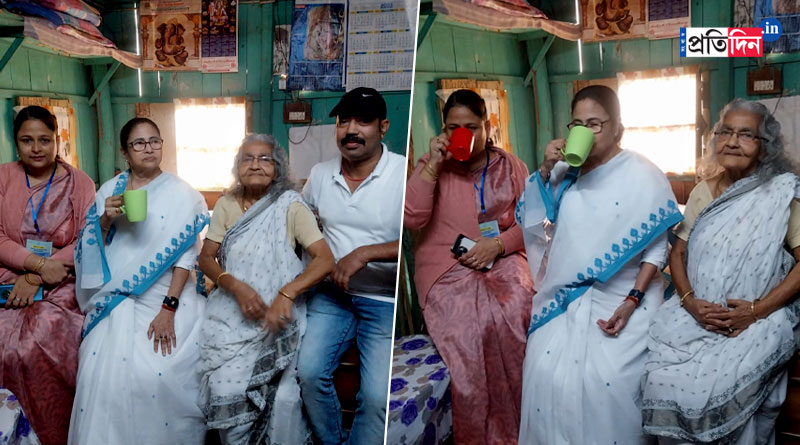 CM Mamata Banerjee enjoys having tea at a house in Banarhat, Jalpaiguri | Sangbad Pratidin
