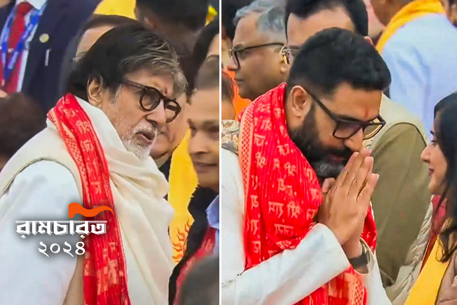 Amitabh Bachchan and Abhishek Bachchan at Ram Mandir Inauguration in Ayodhya | Sangbad Pratidin