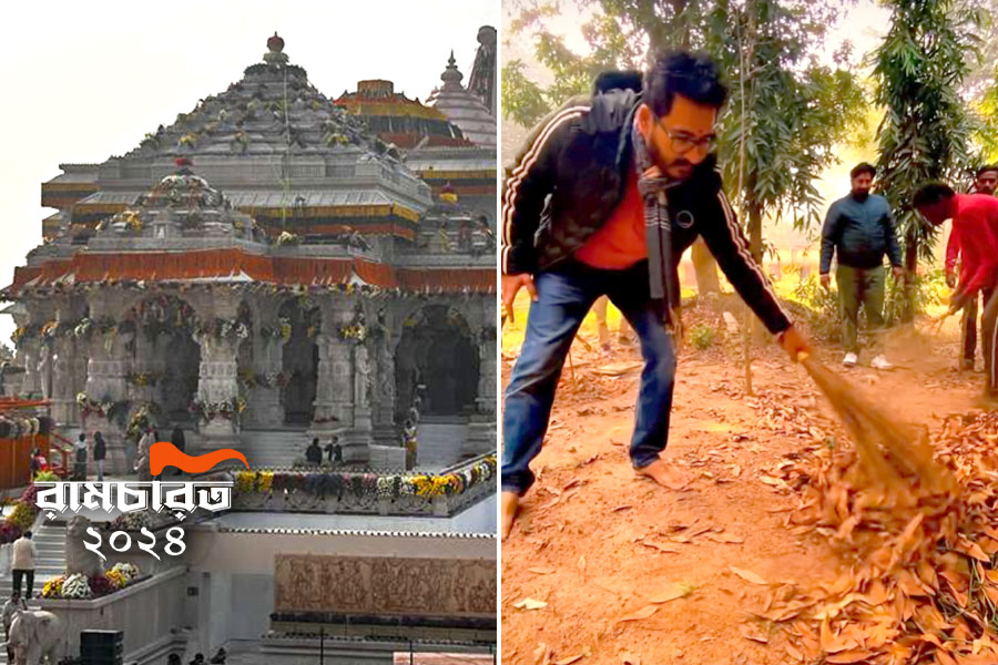 BJP MLA Hiran Chatterjee cleans Sitala Mandir, feeds cow staying away from Ram Mandir trend | Sangbad Pratidin