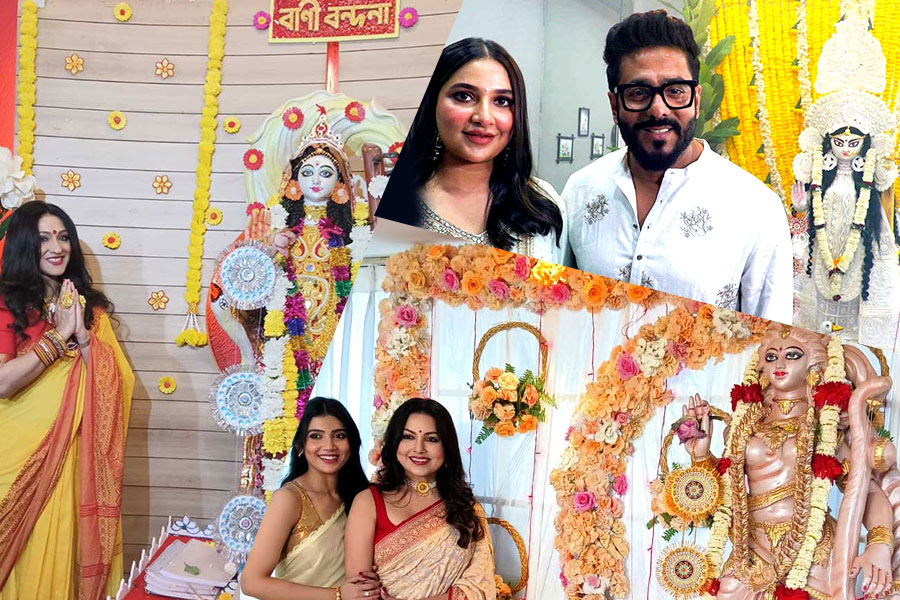 বাগদেবীর আরাধনায় টলিপাড়া, কে কেমন সাজলেন?