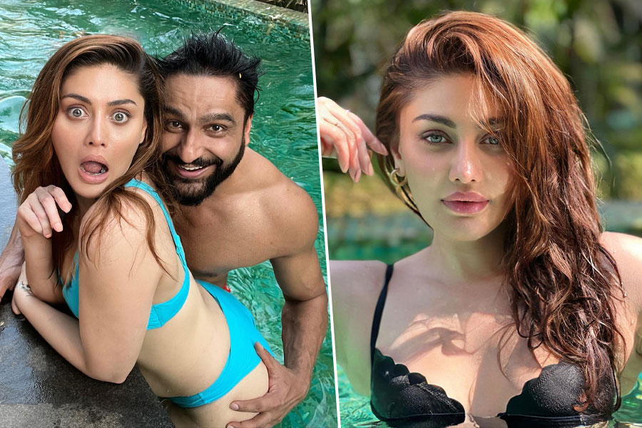 নিতম্বে স্বামীর হাত, জলের মাঝে ‘কাঁটা লাগা’ মুডে শেফালি জারিওয়ালা