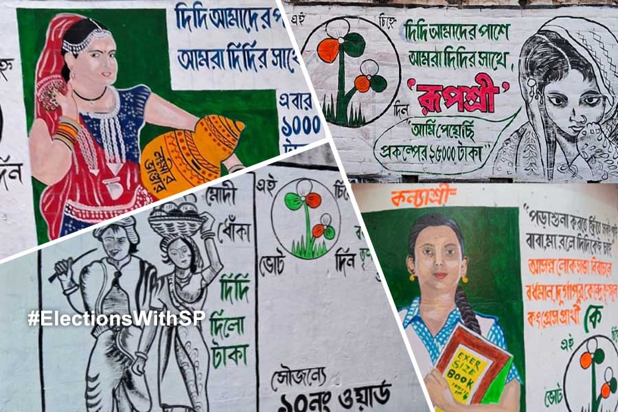 তৃণমূলের ভোট প্রচারের অস্ত্র কার্টুন, শিল্পীর তুলির টানে দেওয়ালে ফুটে উঠছে কন্যাশ্রী, রূপশ্রী!