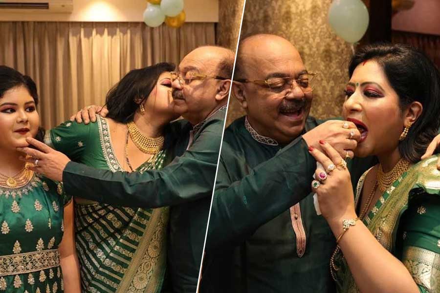 গালে মিষ্টি চুম্বন, রং মিলিয়ে পোশাক, শোভনের সঙ্গে জন্মদিন পালন বৈশাখীর