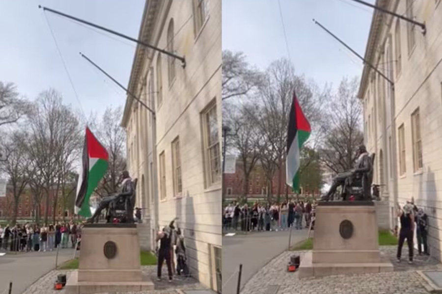 Palestine flag hoisted at Harvard University, video goes viral