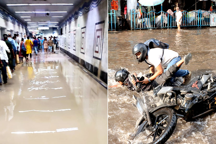 ঘণ্টাখানেকের বৃষ্টিতে তিলোত্তমার জলছবি, থইথই পার্ক স্ট্রিট মেট্রো, ডুবল ট্রামলাইন