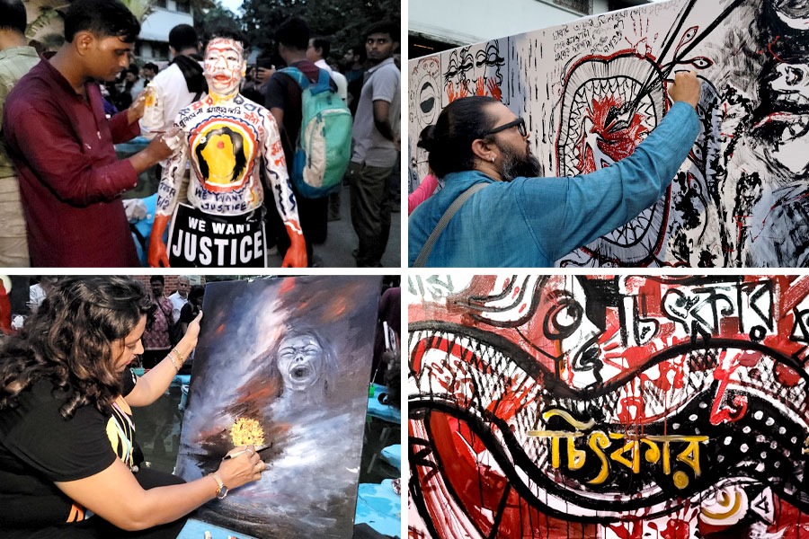 ‘চিৎকার করো মেয়ে,’ রং তুলিতে প্রতিবাদে সরব তিলোত্তমার শিল্পীরা