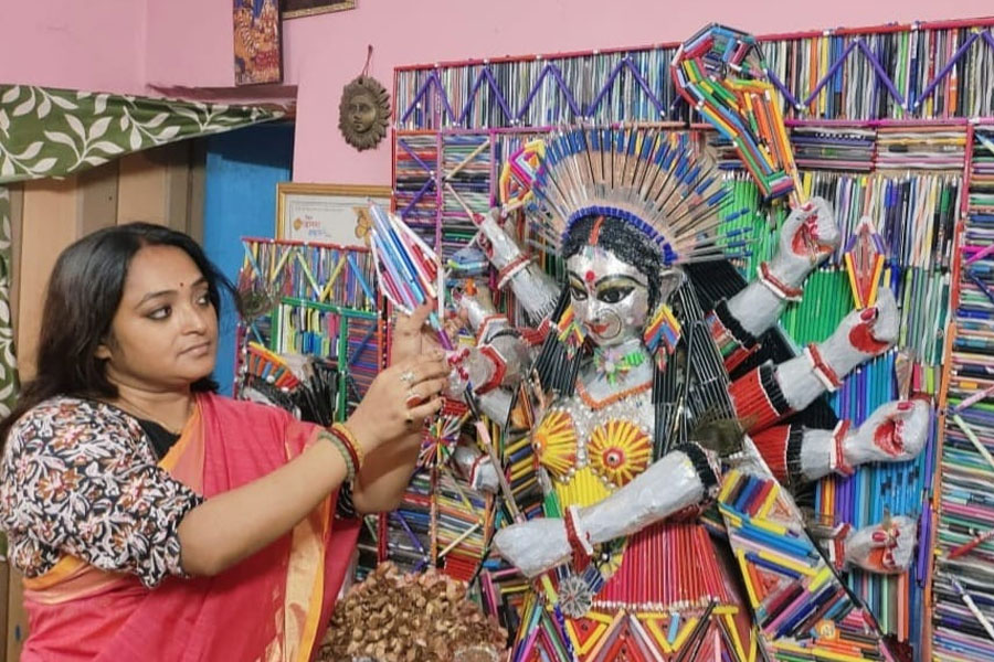 ‘শিক্ষিত’ অসুর বধে অস্ত্র কলম! মাজদিয়ার পাপিয়ার কল্পনায় আর্তের সহায় দুর্গা