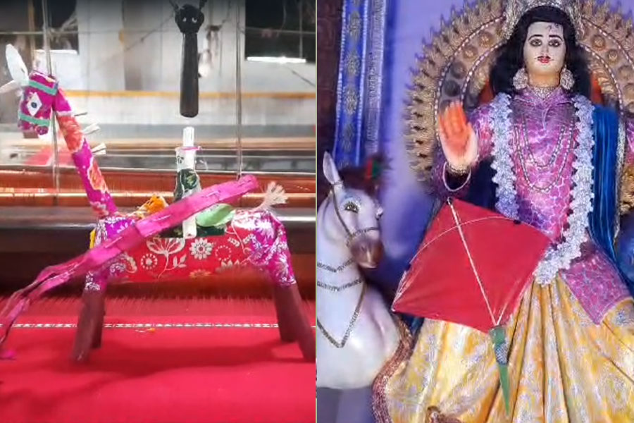 হাতির বদলে বাহন ঘোড়া! ‘অকাল’ বিশ্বকর্মা পুজোয় মেতেছেন হুগলির তাঁত শিল্পীরা 