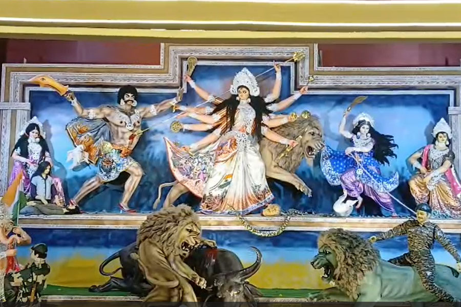Durga Puja 2025, Durga is killing the Pak Army Chief in baharampur