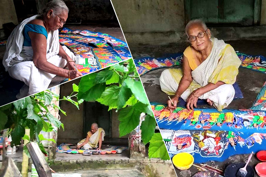 অশক্ত হাতেই তুলির টান! ঘূর্ণির অশীতিপর বৃদ্ধার পটচিত্রে সাজছে নিউটাউন সিএ ব্লকের পুজো