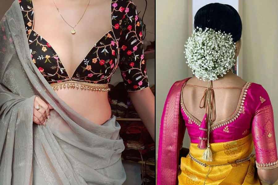 Kali Puja 2025: Heavy blouse design for plain saree
