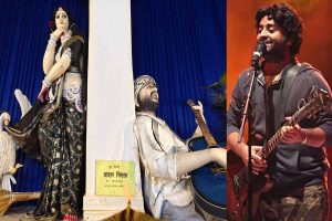 সরস্বতীর পাশে অরিজিতের মূর্তি, ‘ঘরের ছেলে’কে দেখতে জিয়াগঞ্জের মণ্ডপে মানুষের ঢল