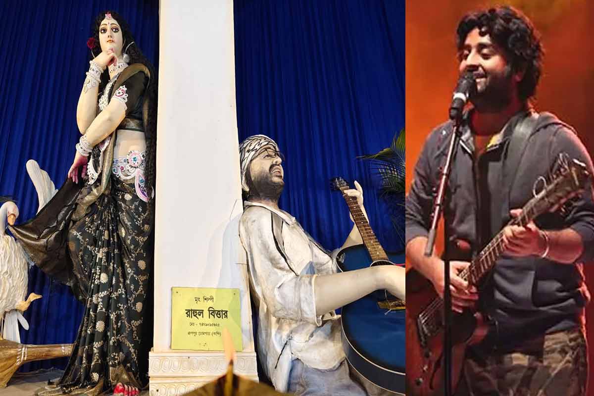 সরস্বতীর পাশে অরিজিতের মূর্তি, ‘ঘরের ছেলে’কে দেখতে জিয়াগঞ্জের মণ্ডপে মানুষের ঢল