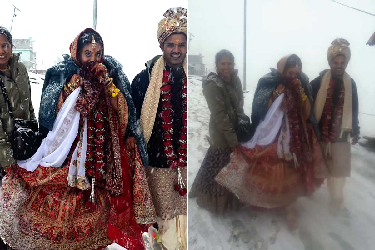 তুষারপাতের মধ্যেই উত্তরাখণ্ডের মন্দিরে বিয়ে, যুগলের পরনে কেবল লেহঙ্গা-শেরওয়ানি! ভাইরাল ভিডিও