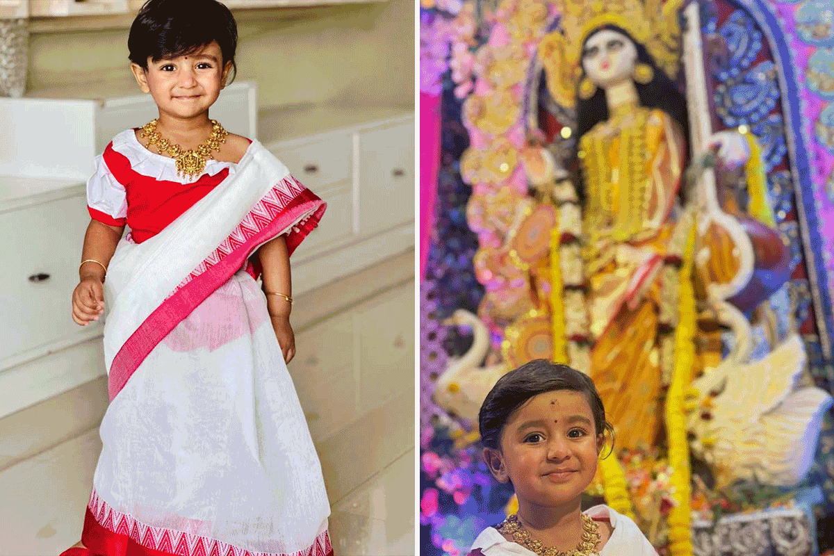 লালপেড়ে সাদা শাড়ি, খুদে পায়ে আলতা, সরস্বতী পুজোয় ছোট্ট প্রতিমা সেজেই হাতেখড়ি ইয়ালিনির