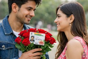 প্রেমিকের হাতে গোলাপগুচ্ছের ফাঁকে উঁকি দিচ্ছে আধার কার্ড, প্রেমদিবসে এ কী কাণ্ড!