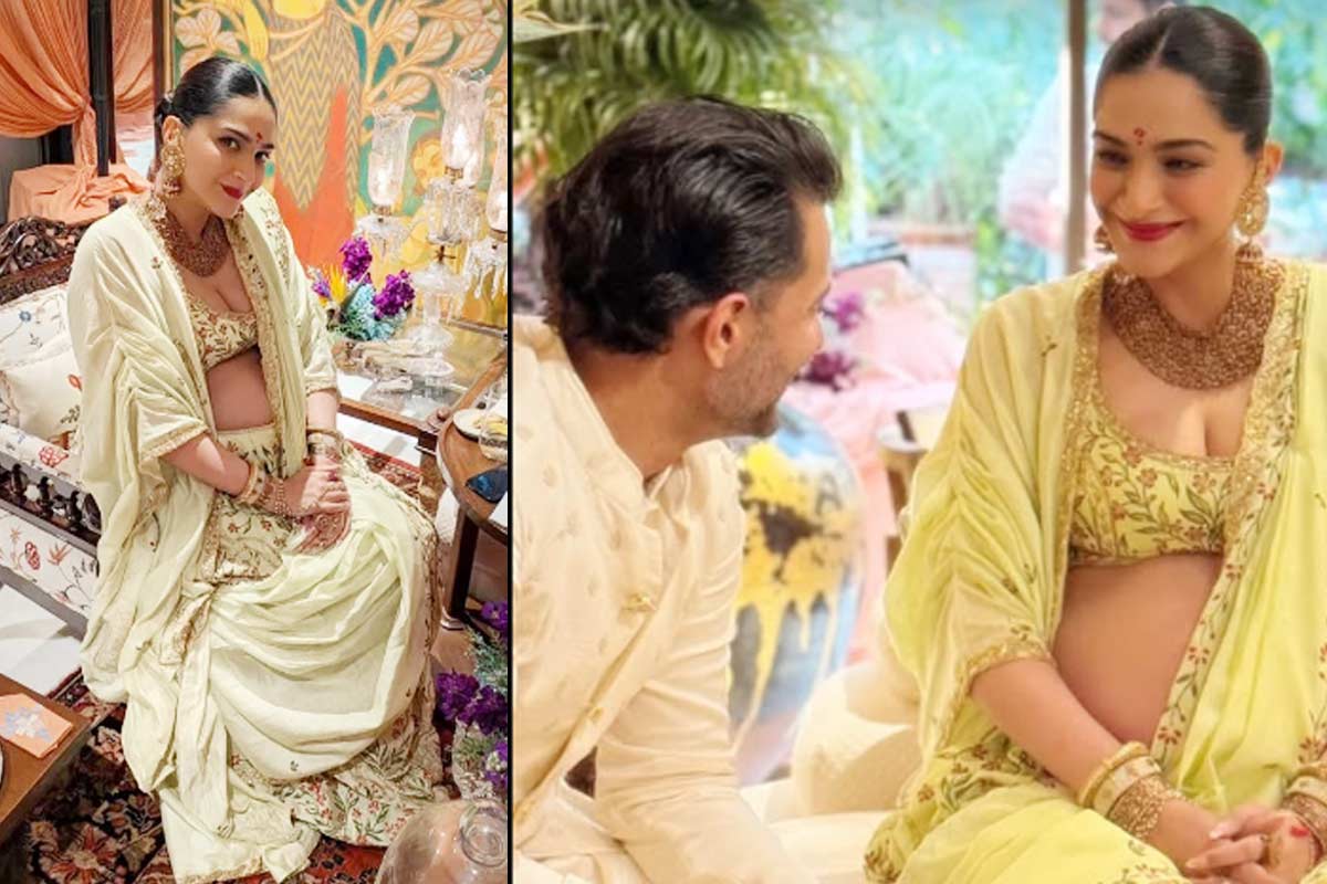 পরনে লেবু-সবুজ লেহেঙ্গা, সাধের অনুষ্ঠানে বরের চোখে ডুব সোনমের