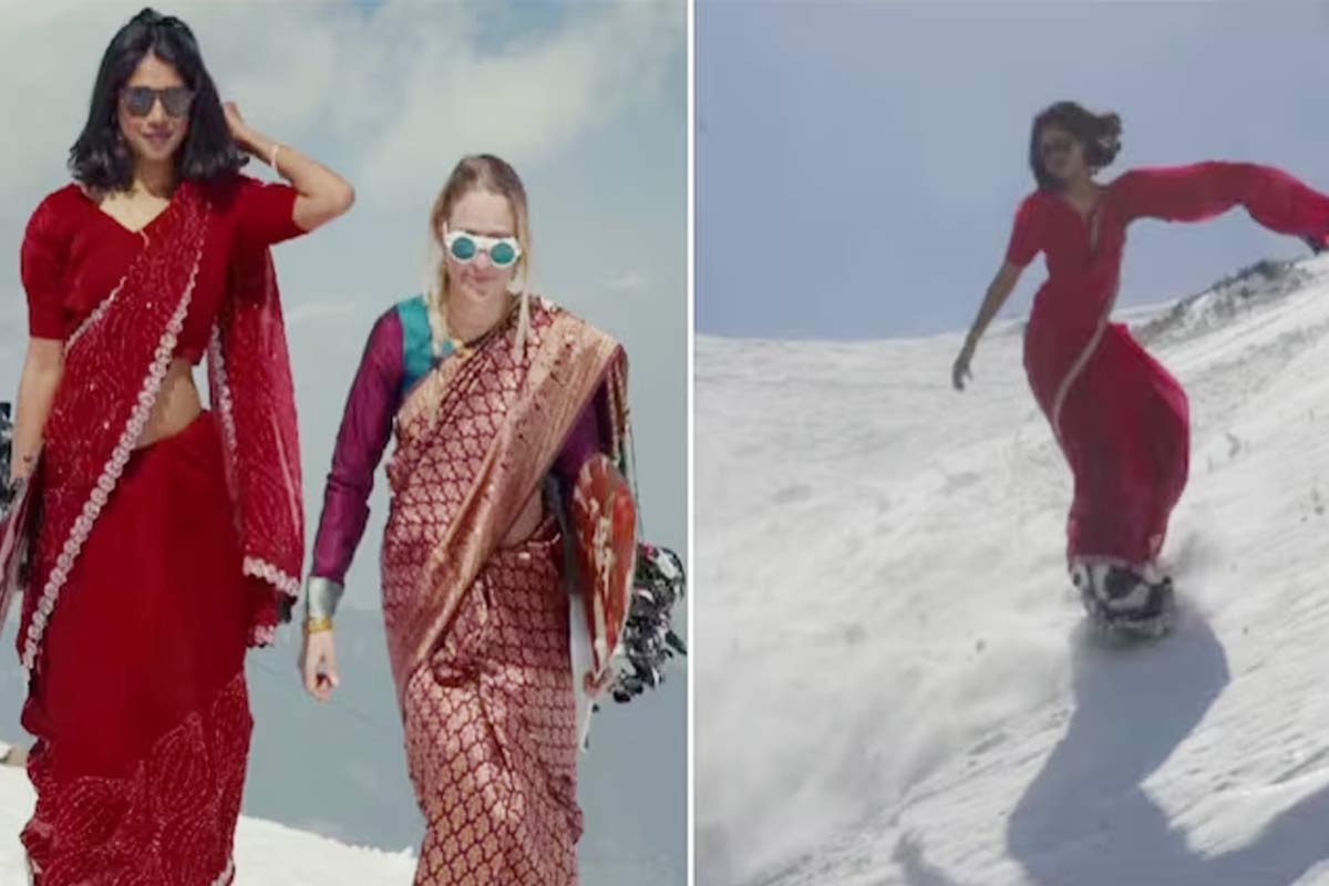 কাশ্মীরের বরফে শাড়ি পরে স্নোবোর্ডিং! বাজিমাত দুই তরুণীর, ভাইরাল ভিডিও
