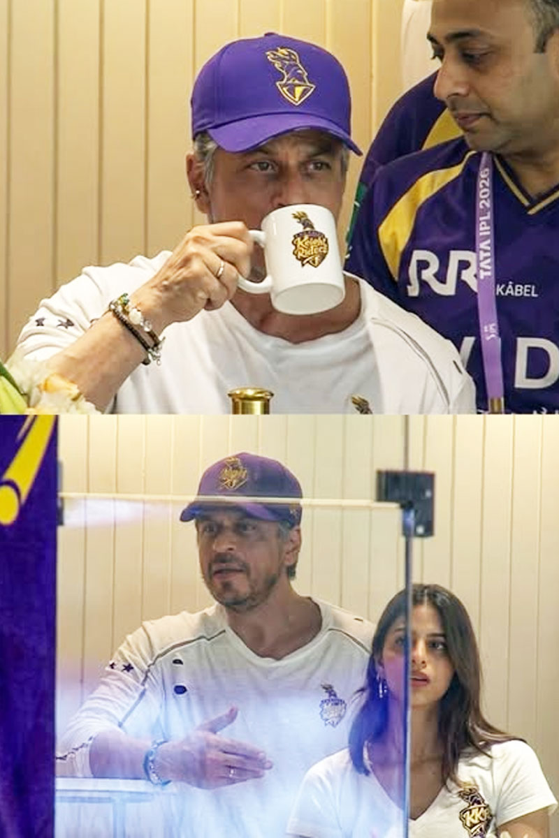 Shah Rukh Khan in sporting gray hair, a beard, and a blue KKR cap