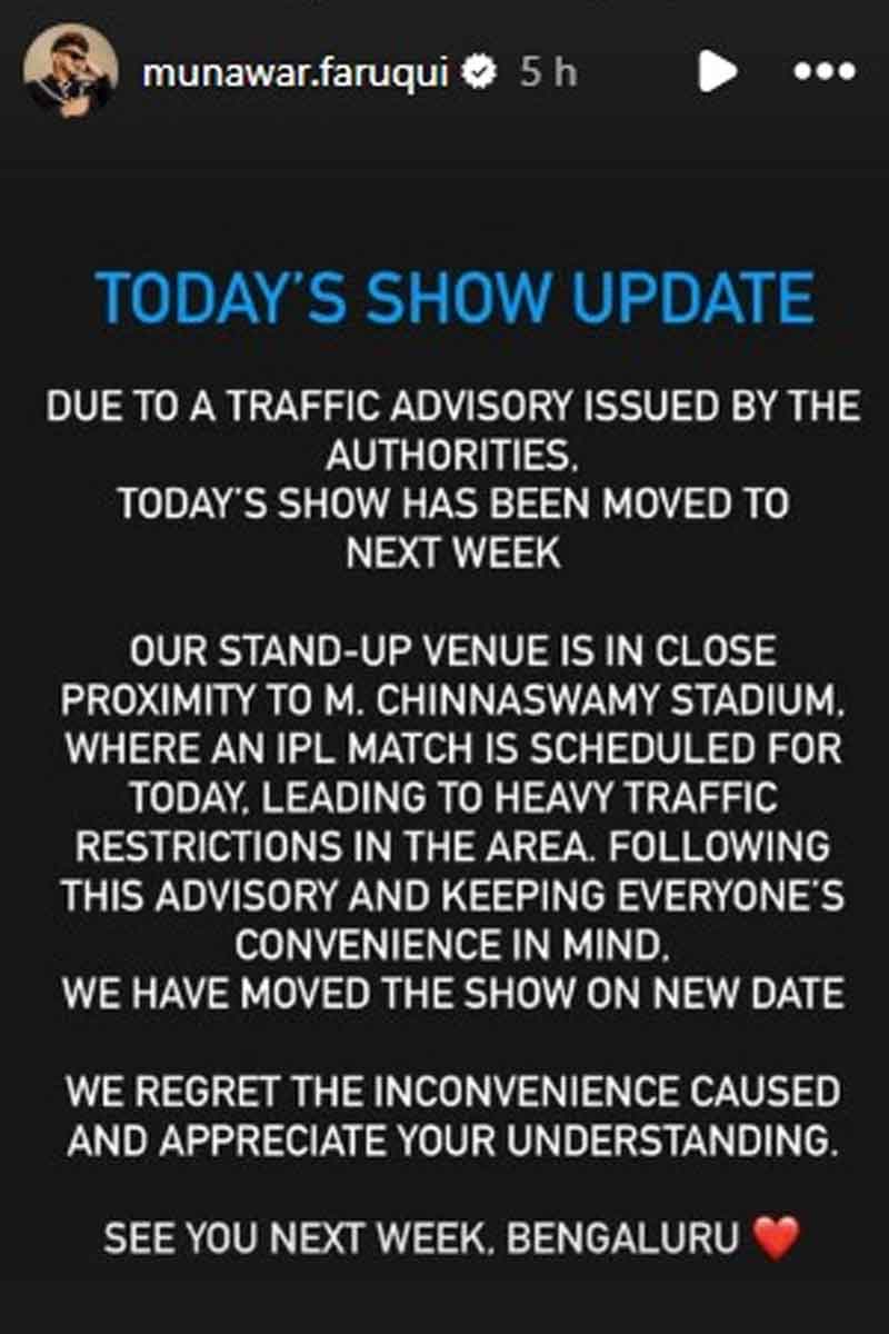 Munawar Faruqui Shares Statement After Postponed Bengaluru Show Due To Heavy Traffic Restrictions