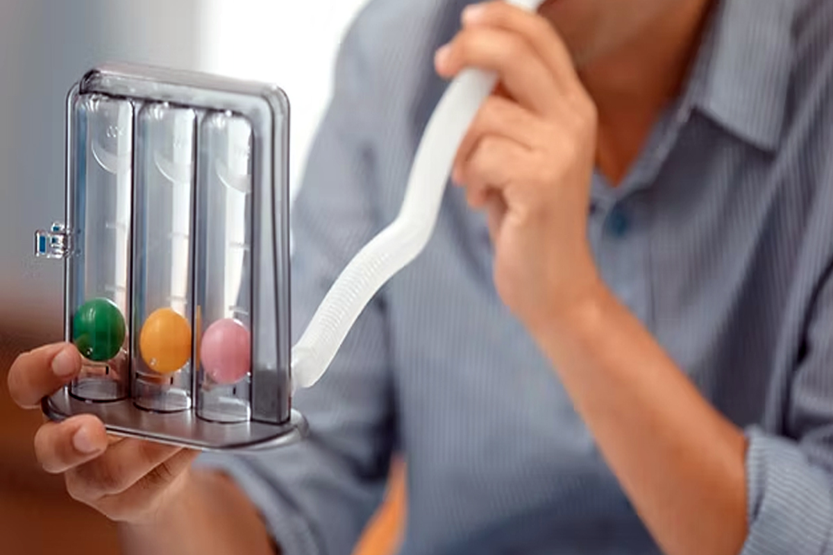 Individual doing a simple exhale test at home to check lungs health and airflow