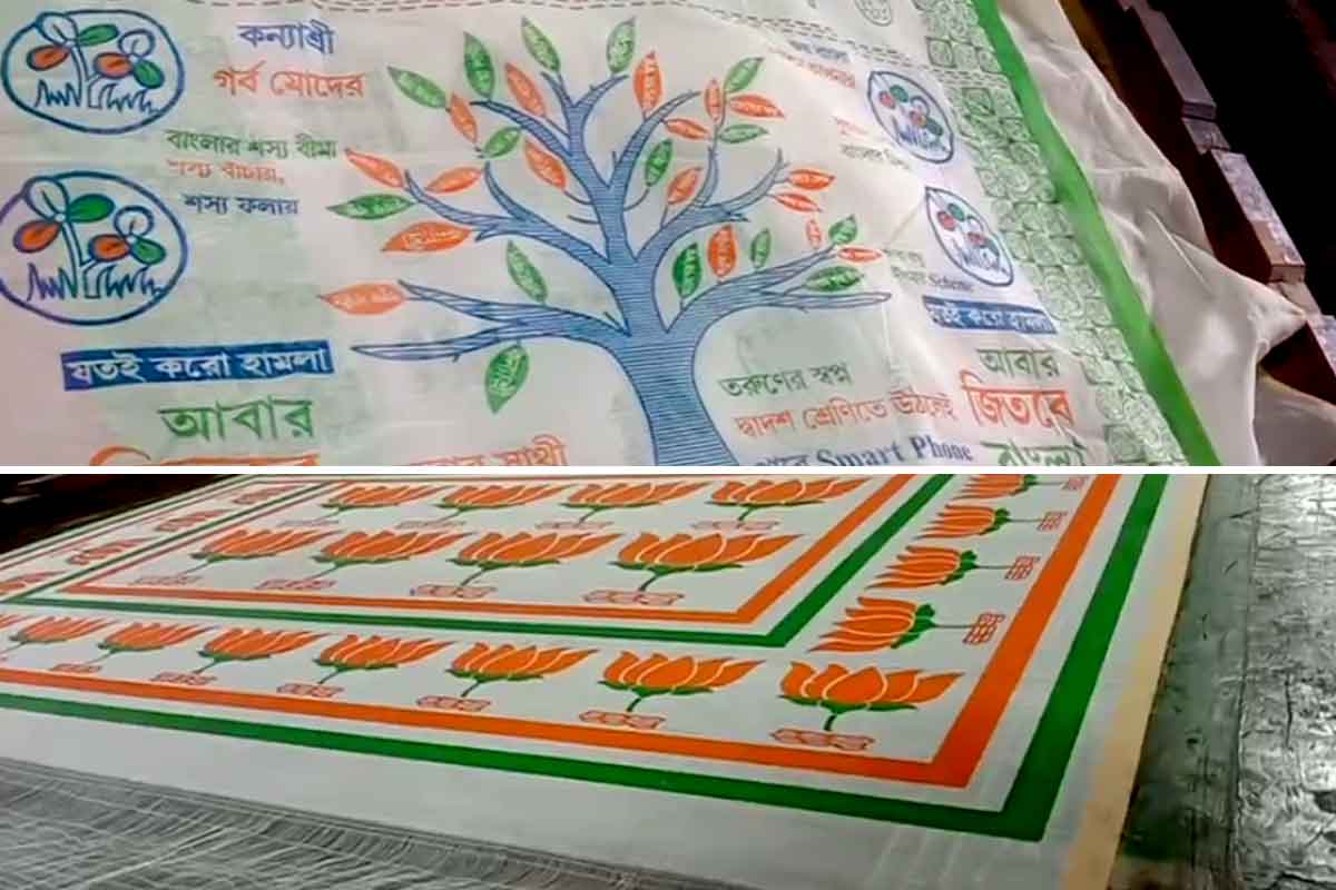 বাইরে ভোটের তীব্র লড়াই হলেও শান্তিপুরি তাঁতে পদ্ম-ঘাসফুলের সহাবস্থান! শাড়ি তৈরিতে ব্যস্ত শিল্পীরা