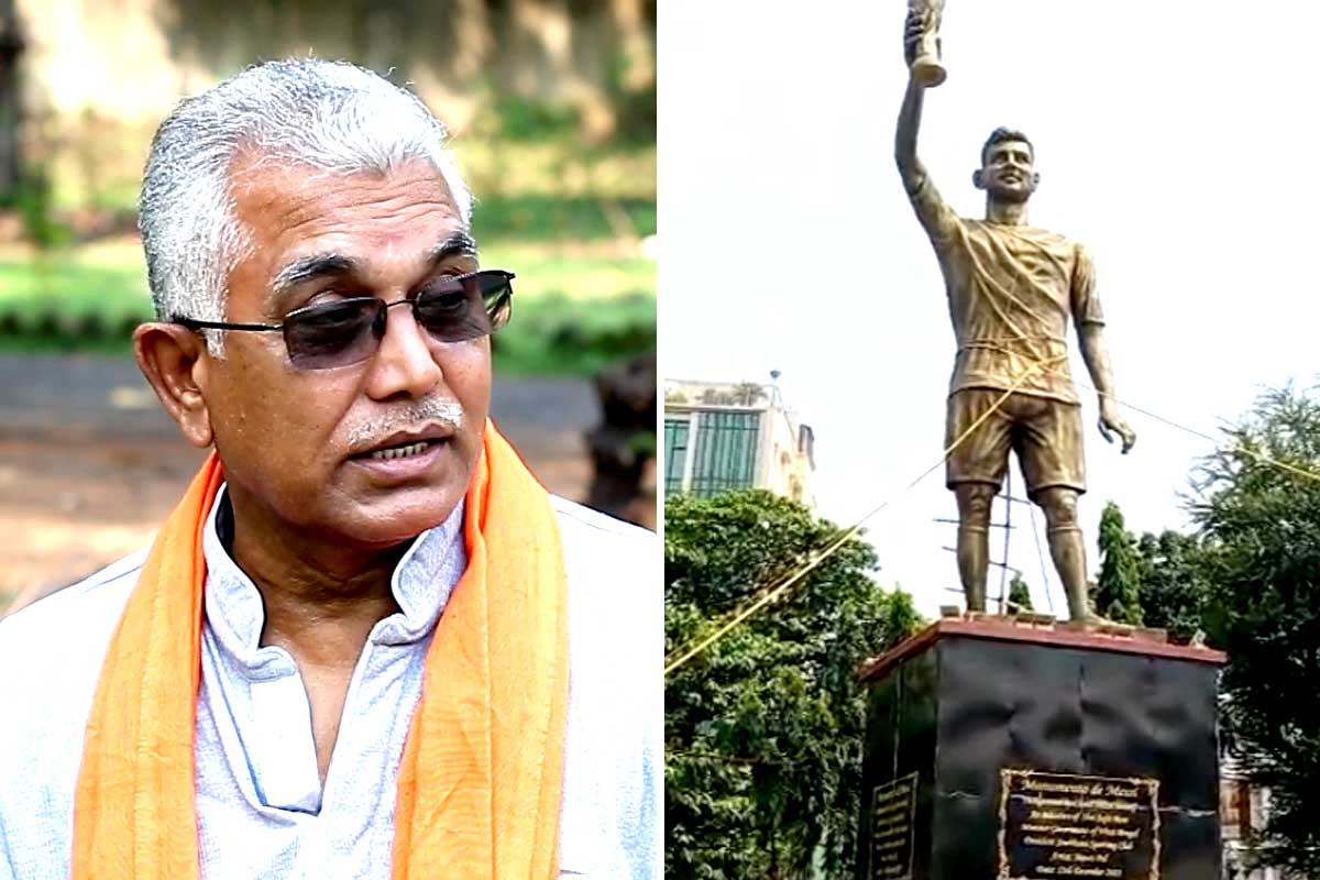 সরানোর আগে দড়িতে বাঁধা মেসির মূর্তি, দিলীপের তোপ, ‘তৃণমূল বাঙালির নাক কেটে দিয়েছে’