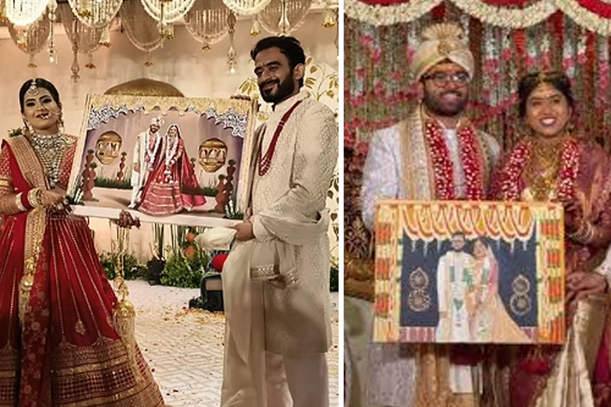 বিয়ের আসরেই রং-তুলিতে বর-কনেকে ফুটিয়ে তুলছেন শিল্পী, কেন বঙ্গে ট্রেন্ডিং ‘ওয়েডিং পেন্টিং’?