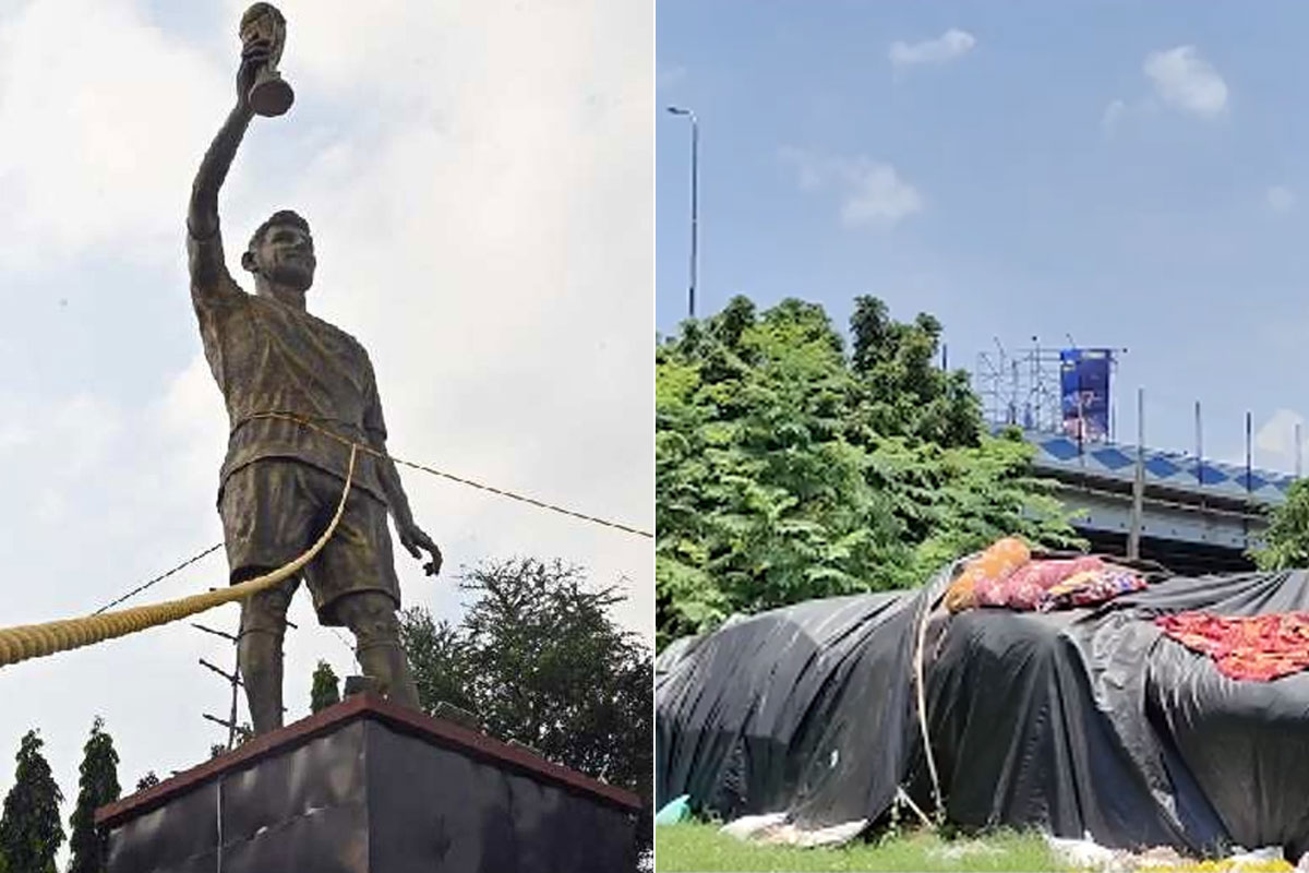 Lionel Messi's statue is wrapped in black cloth in Baguiati