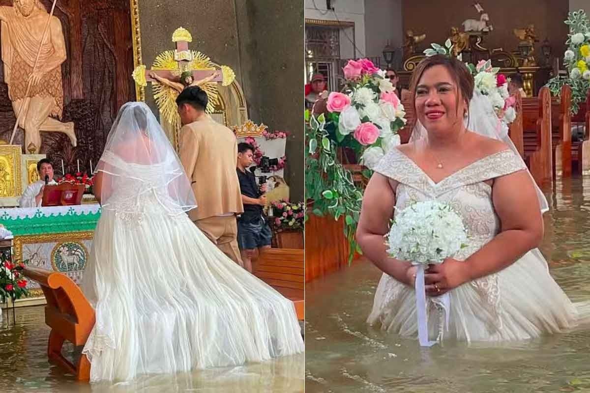 বন্যাকে থোড়াই কেয়ার, গির্জার ভিতর কোমর জলেই বিয়ে বর-কনের! ভাইরাল ভিডিও