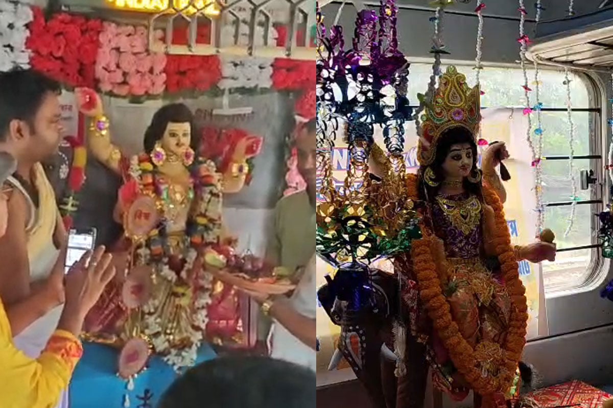 চলন্ত ট্রেনের কামরায় বিশ্বকর্মার আরাধনা! ২০ বছরে পা দিল শান্তিপুর-শিয়ালদহ লোকালের পুজো