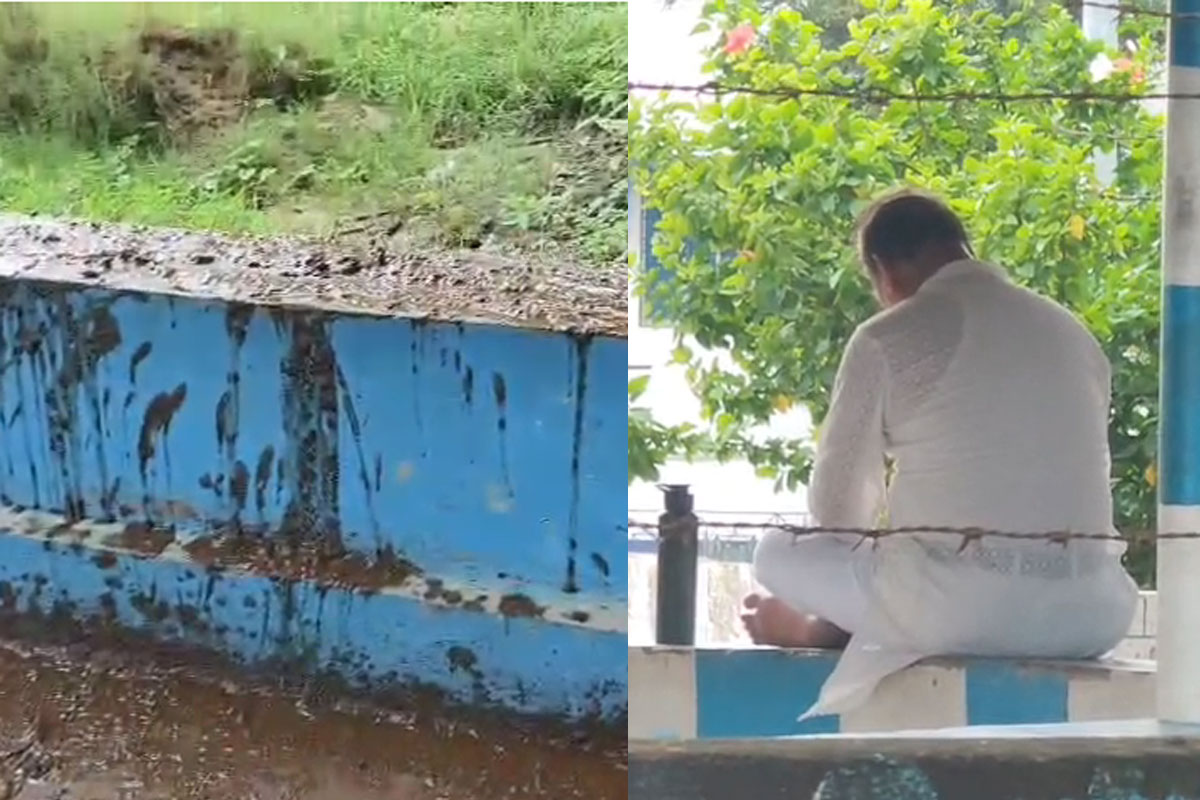 ধরনার আগে থানার সামনে ছড়ানো গোবর! একাই শক্তিপুর থানা চত্বরে বসে পড়লেন হুমায়ুন