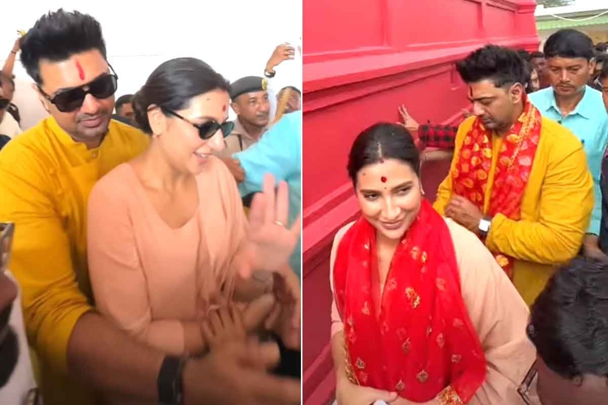 ত্রিপুরেশ্বরী মন্দিরের ভিড়ে শুভশ্রীকে আগলে দেব, ‘আমি তোর শুধু তোর’, বলে উল্লাস ভক্তদের